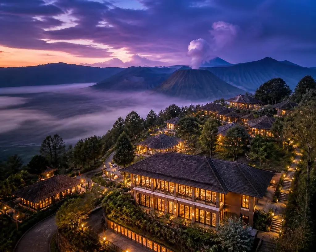 AI Generated Plataran Bromo Resort Close-Up Dusk