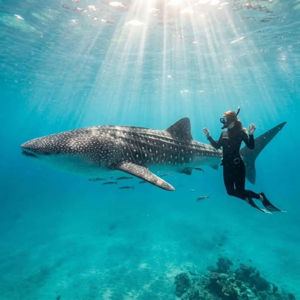 AI Generated Whale Shark Encounter - Beginner Snorkeler Pose.webp