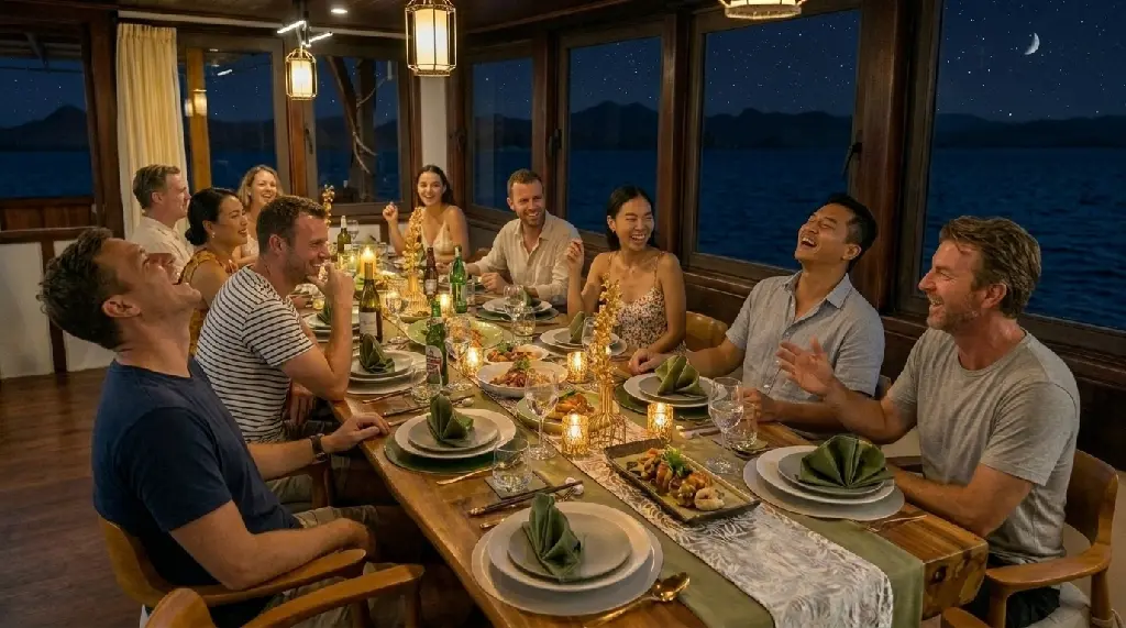 Casual nighttime dinner on a Phinisi boat